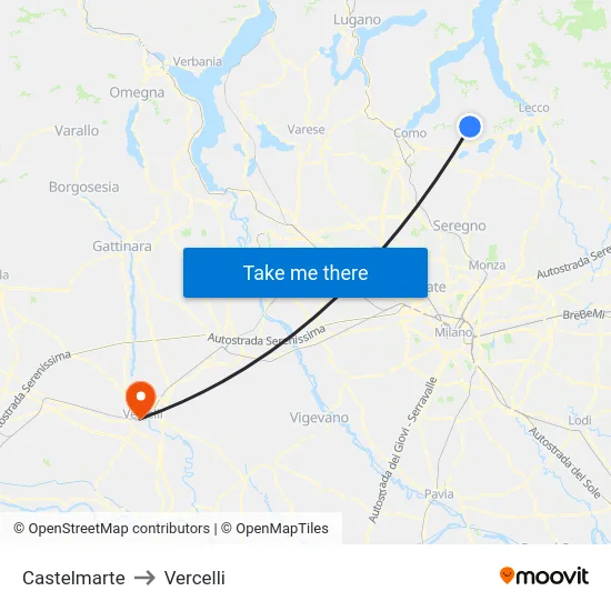 Castelmarte to Vercelli map