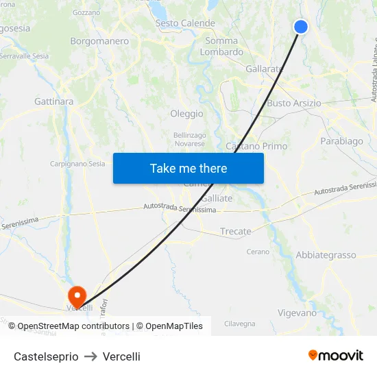 Castelseprio to Vercelli map