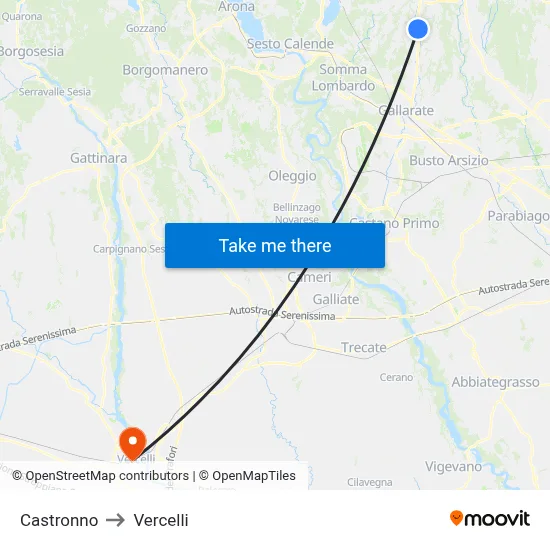 Castronno to Vercelli map