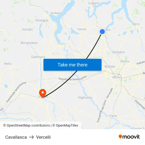 Cavallasca to Vercelli map