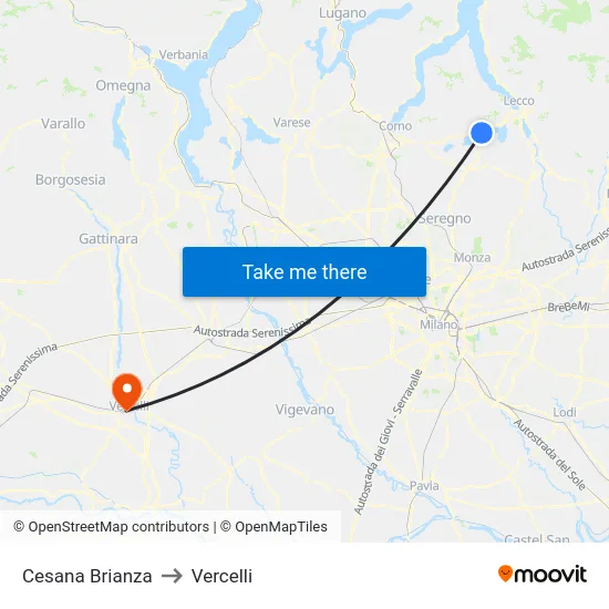 Cesana Brianza to Vercelli map