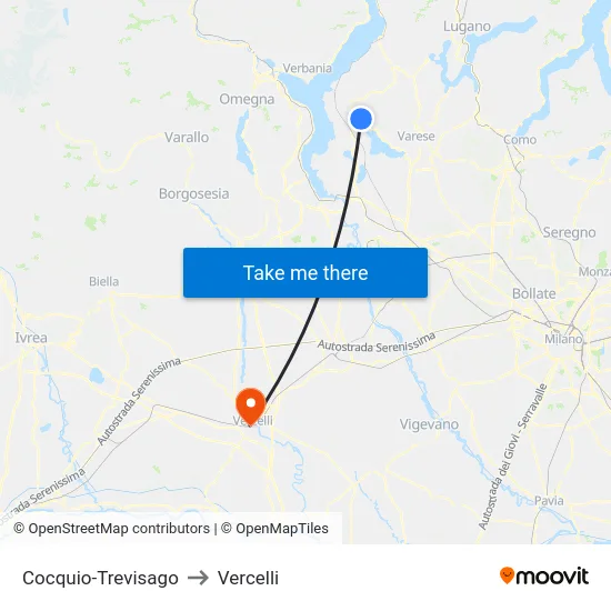 Cocquio-Trevisago to Vercelli map