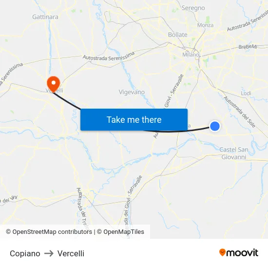 Copiano to Vercelli map