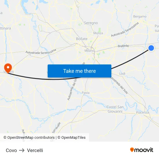 Covo to Vercelli map