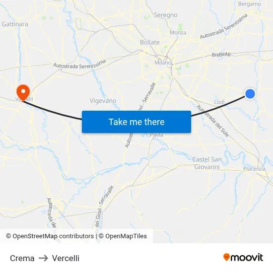 Crema to Vercelli map
