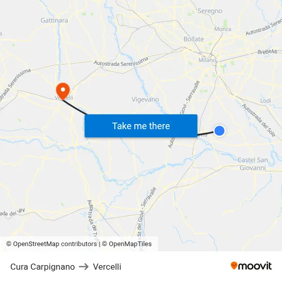 Cura Carpignano to Vercelli map