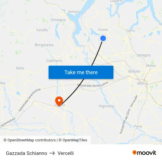 Gazzada Schianno to Vercelli map