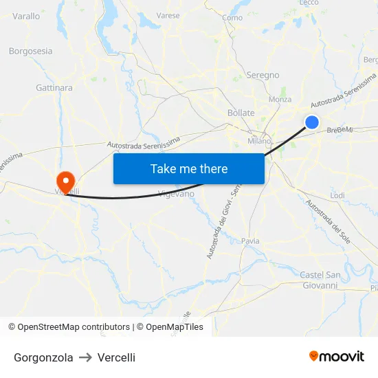 Gorgonzola to Vercelli map