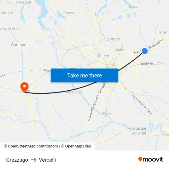Grezzago to Vercelli map