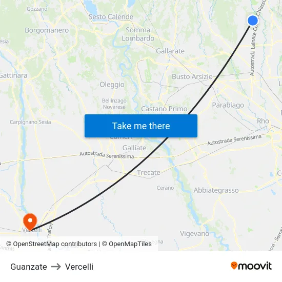 Guanzate to Vercelli map
