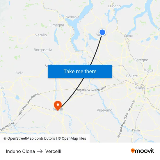 Induno Olona to Vercelli map