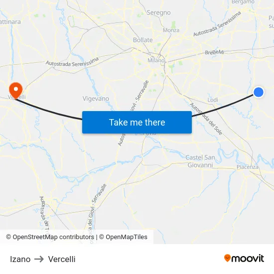 Izano to Vercelli map