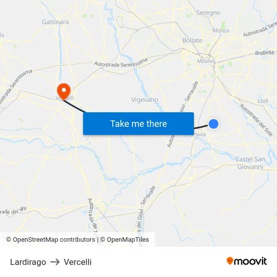 Lardirago to Vercelli map