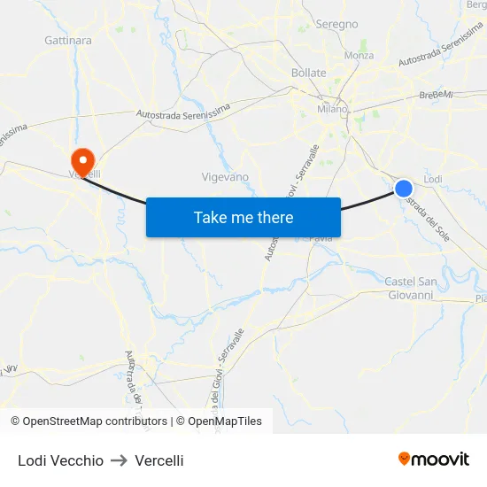 Lodi Vecchio to Vercelli map