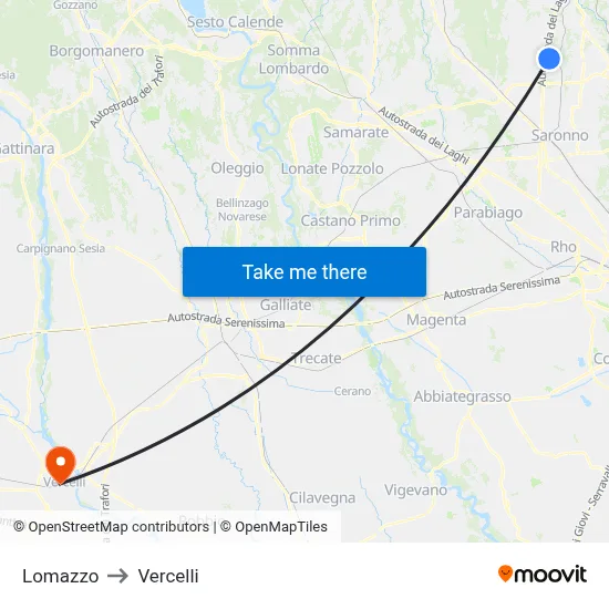 Lomazzo to Vercelli map