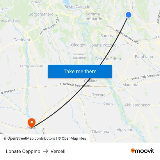 Lonate Ceppino to Vercelli map