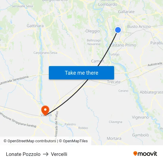 Lonate Pozzolo to Vercelli map