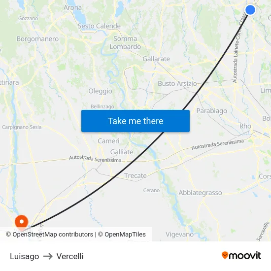 Luisago to Vercelli map