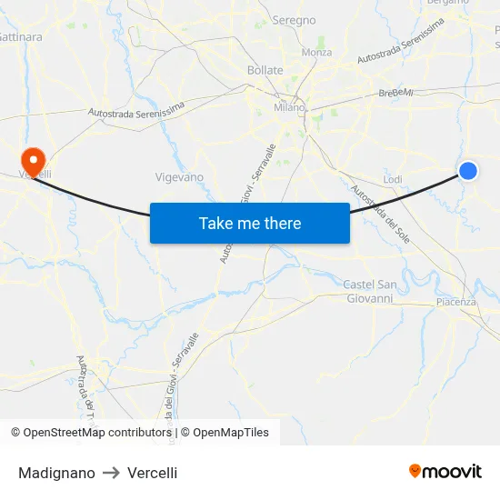 Madignano to Vercelli map