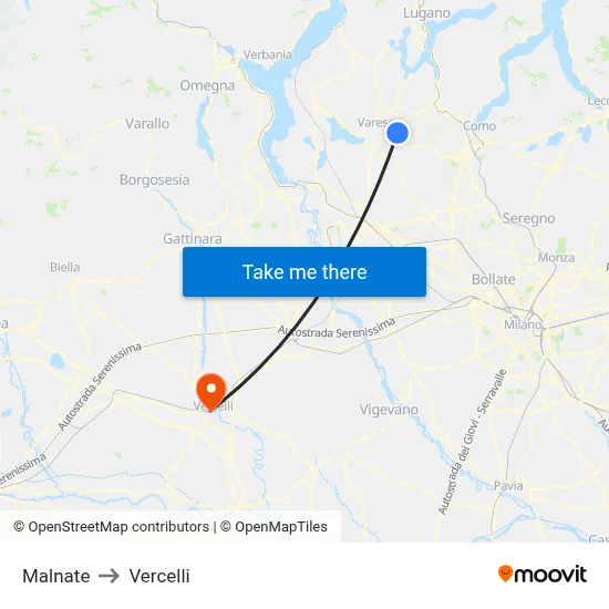 Malnate to Vercelli map