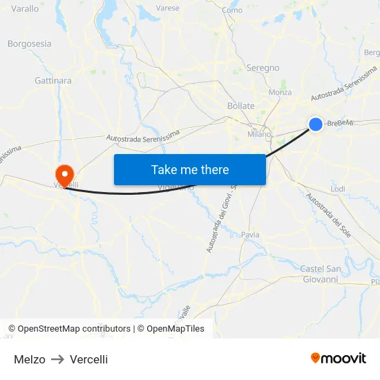 Melzo to Vercelli map