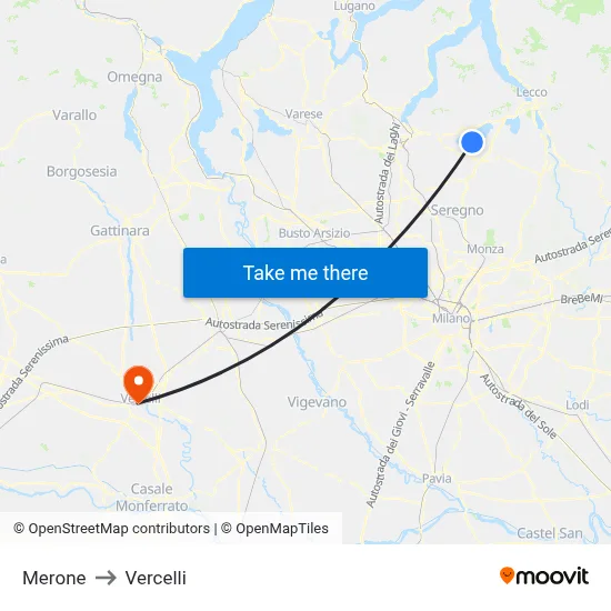 Merone to Vercelli map