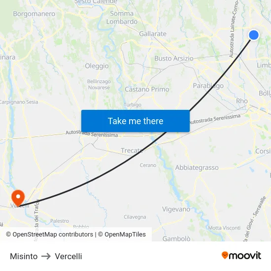 Misinto to Vercelli map