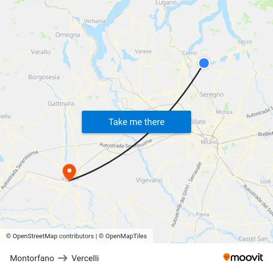 Montorfano to Vercelli map