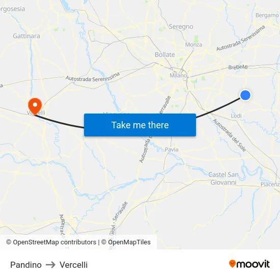 Pandino to Vercelli map