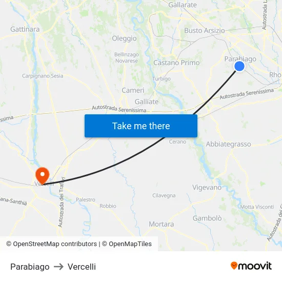 Parabiago to Vercelli map