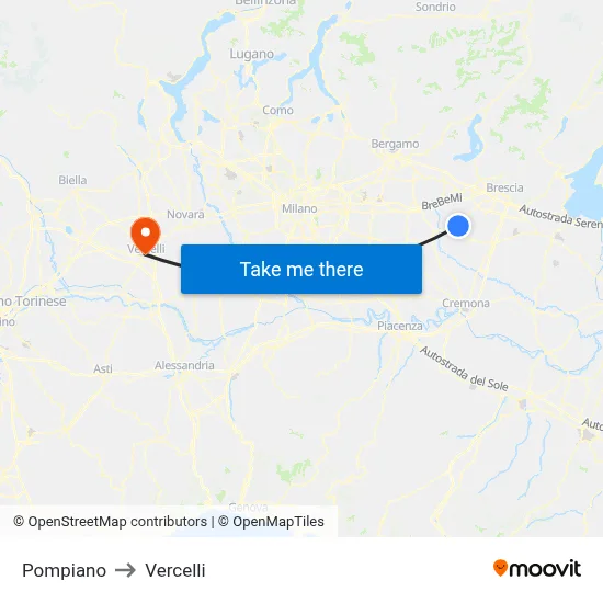 Pompiano to Vercelli map