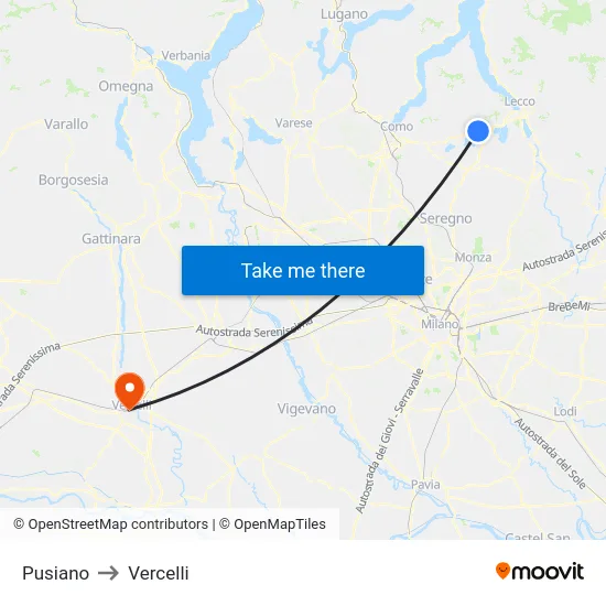 Pusiano to Vercelli map