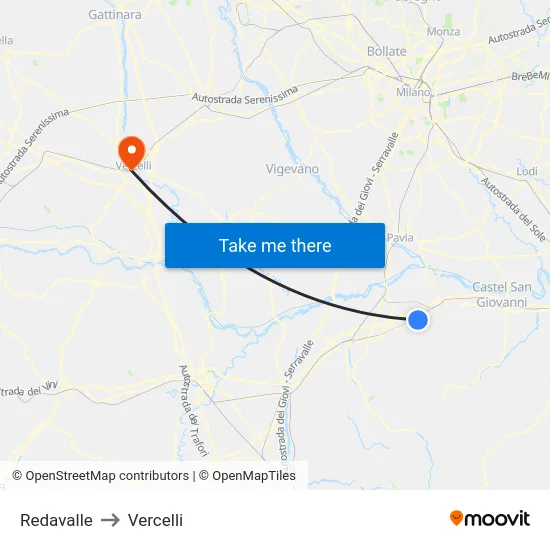 Redavalle to Vercelli map