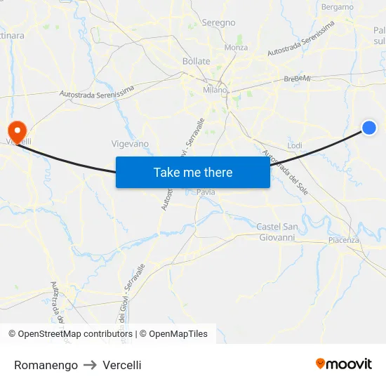 Romanengo to Vercelli map