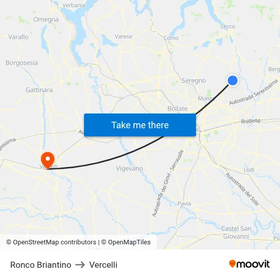 Ronco Briantino to Vercelli map