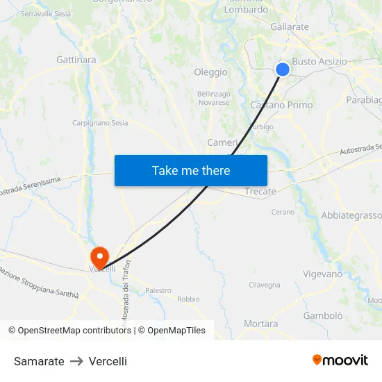 Samarate to Vercelli map