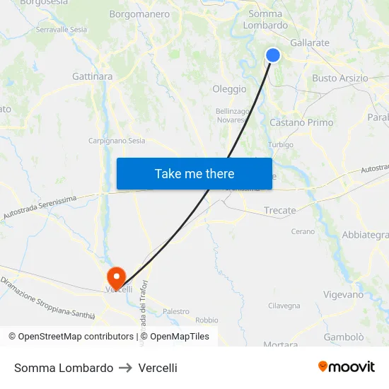Somma Lombardo to Vercelli map