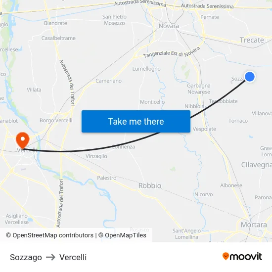 Sozzago to Vercelli map
