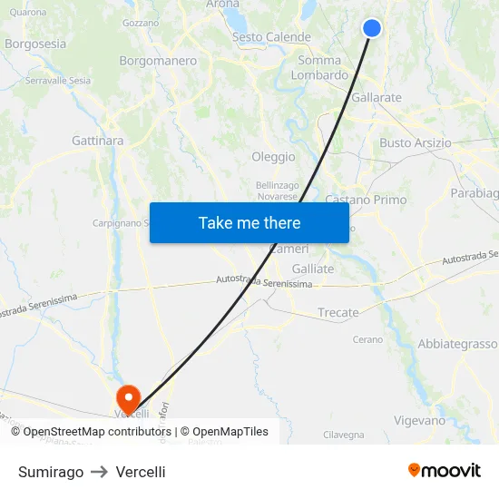 Sumirago to Vercelli map