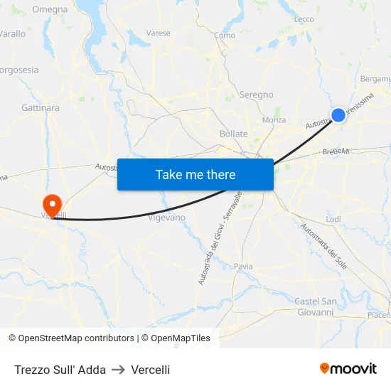 Trezzo Sull' Adda to Vercelli map