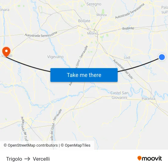 Trigolo to Vercelli map