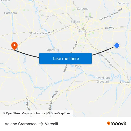 Vaiano Cremasco to Vercelli map