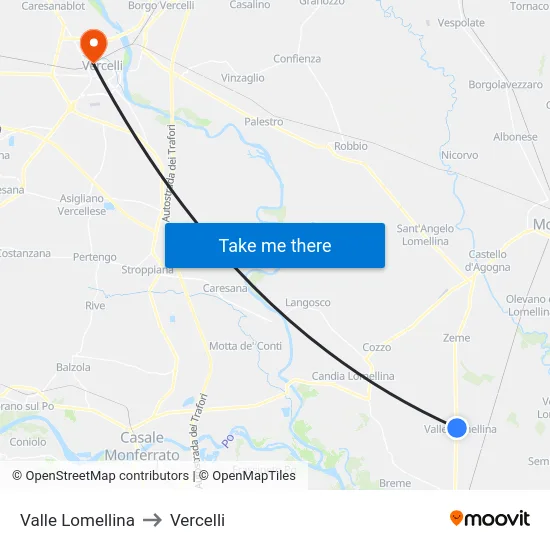Valle Lomellina to Vercelli map