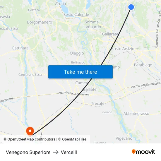 Venegono Superiore to Vercelli map