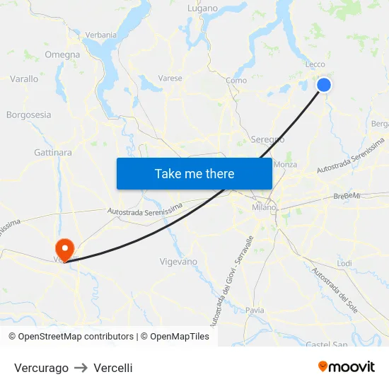 Vercurago to Vercelli map