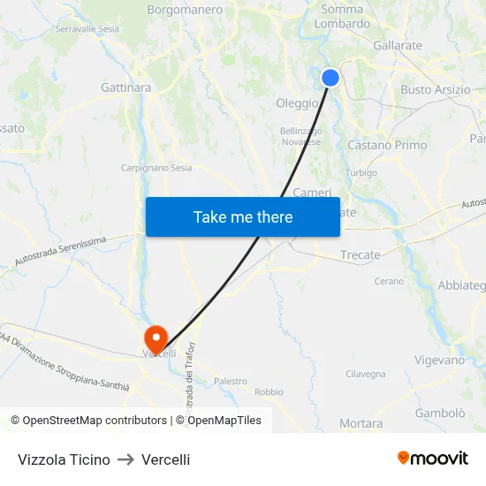 Vizzola Ticino to Vercelli map