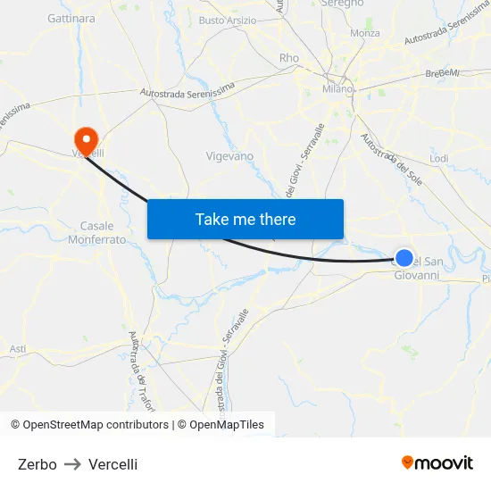 Zerbo to Vercelli map