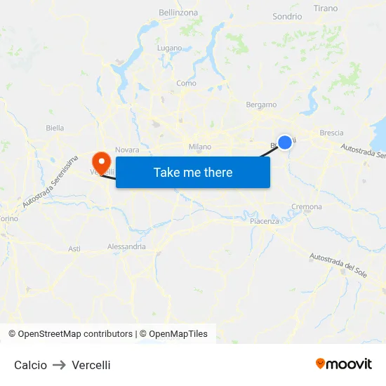 Calcio to Vercelli map