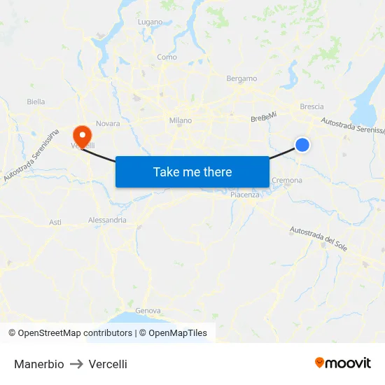 Manerbio to Vercelli map