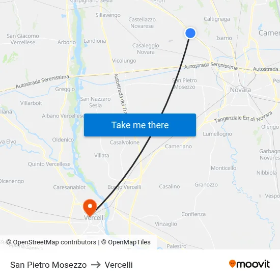 San Pietro Mosezzo to Vercelli map